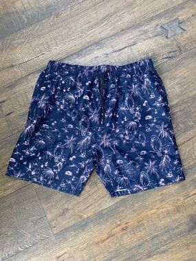 Burnside Men’s Tropical Parrot Swim Trunks Navy Pink Size Large